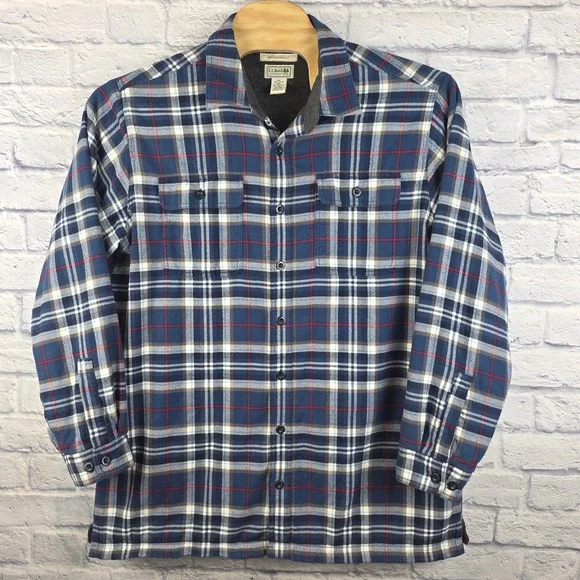 LL Bean Men Blue Plaid Button Fleece Lined Flannel Shirt Jacket Size XLT TALL - Picture 2 of 6